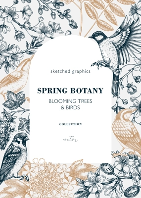 Vintage spring card or invitation template. Vintage frame designs with birds, flowers, leaves and blooming tree branches. Almond, willow, rowan, willow, cherry blossom floral sketches for prints